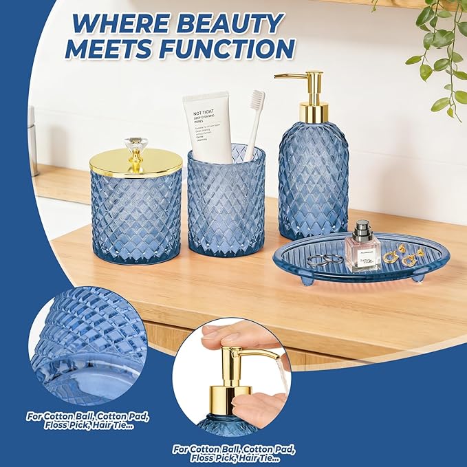 Jenseits Glass Bathroom Accessory Set 4 Piece - Elegant Blue Diamond Cut Bathroom Set - Lotion Dispenser, Toothbrush Holder, Cotton Swab Jar, Tray - Modern Guest Bathroom Countertop Decor