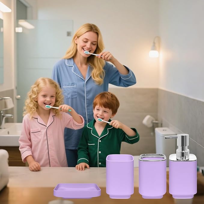 4 Piece Bathroom Accessory Sets, Light Purple Bathroom Accessories Sets Include Toothbrush Holders Set, Soap Dispenser, Soap Dish and Toothbrush Cup, Modern Bathroom Decoration