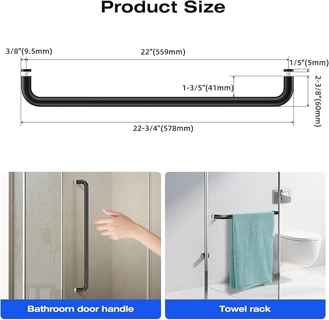 Ranbo Glass Shower Door Towel Bar 22 Inch Stainless Steel Sliding Shower Door Handle Replacement with Matte Black Finish for Commercial and Residential Glass Doors