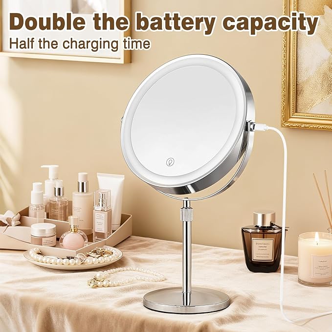 9” Height Adjustable Lighted Makeup Mirror with 10X Magnification - Rechargeable 360° Double Sided Vanity Mirror with 3 Color Modes, Touch Dimmable Brightness for Bathroom & Bedroom - Gift for Women