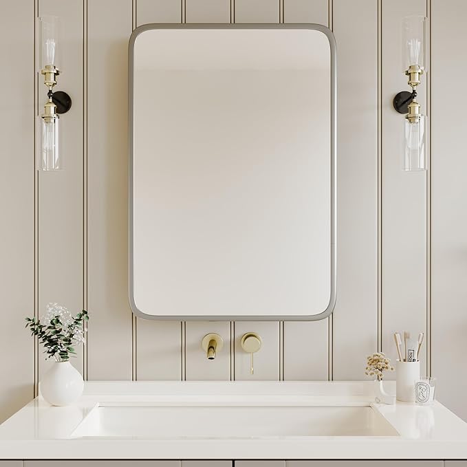 AGDULL Bathroom Wood Black Cabinet with 20''x30'' Brushed Nickel Metal Frame Curved Mirror, Recessed Medicine Cabinet, Bathroom Storage Cabinet