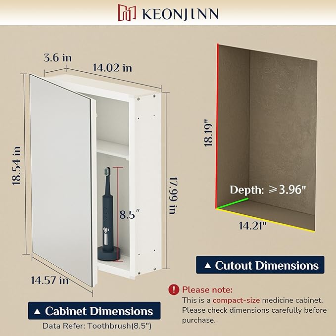 Keonjinn White Medicine Cabinet 14.5 x 18.5 Inch, Assembly Required, Mini Medicine Cabinet Mirror for Compact Bathroom, Free Adjustable Shelves, Wall Mount or Recessed, Tempered Glass