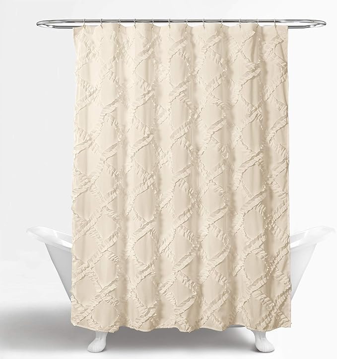 Lush Decor, Ivory/Pale Yellow Ruffle Diamond Shower Curtain | Textured Shabby Chic Farmhouse Style Design, x 72, 72" x 72"