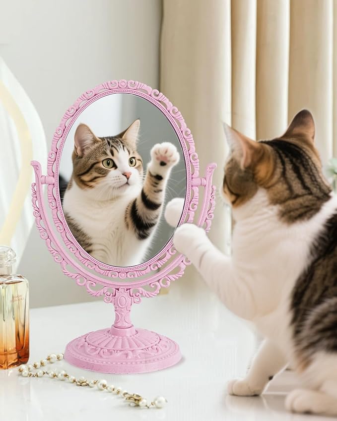 XPXKJ Pink Vintage Vanity Mirror Shabby Chic Decor | 360° Rotating Double-Sided Table Makeup Mirror with Stand Bedroom Decoration Perfect for Tabletop, Desk, Or Makeup Station