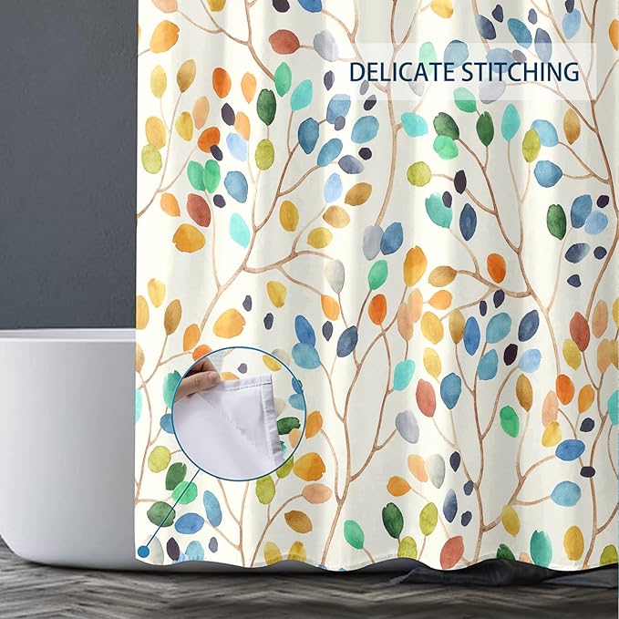 Colorful Leaves Shower Curtains 72x72 Inch, Waterproof Fabric Watercolor Floral Stylish Bathroom Shower Curtain with Hooks