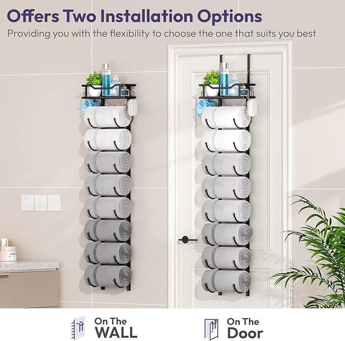 SWTYMIKI Over The Door Towel Rack - 9 Tier Towel Racks for Bathroom Wall Mounted, Towel Holder with Shelf, Hanging Rolled Towel Storage Organizer for Small Bathroom, Camper, RV, Black