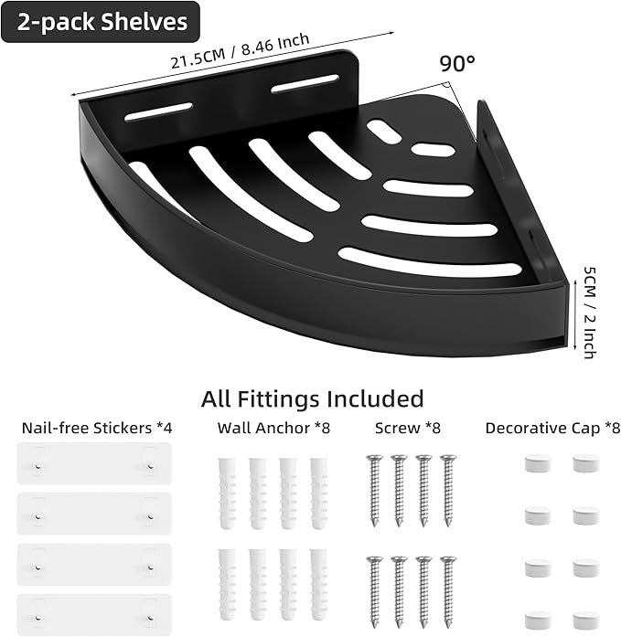 Wisfame Black Corner Shower Caddy - Rustproof Aluminium Triangle Shower Shelf - No Drill & Drill Installation - 2 Bathroom Shelves Wall Mounted (20LB Capacity/Tier)