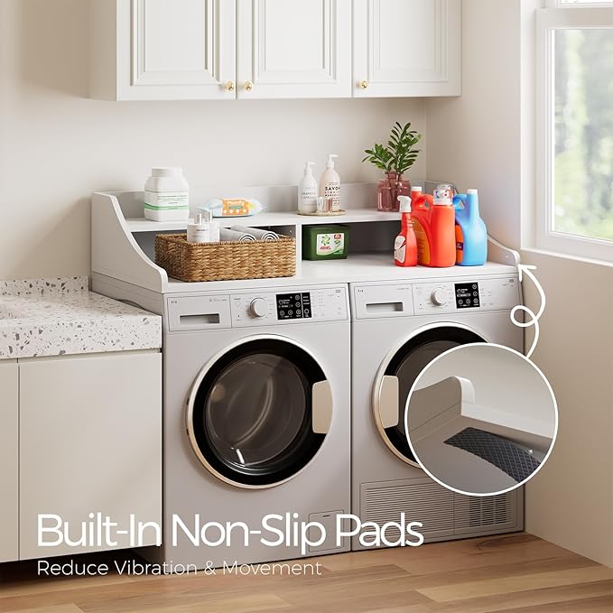 OAKHAM HOME 2-Tier Washer Dryer Countertop, 54" x 27.6" Washer Dryer Topper with Storage Shelf and Non-Slip Pads for Laundry Room Organization, White