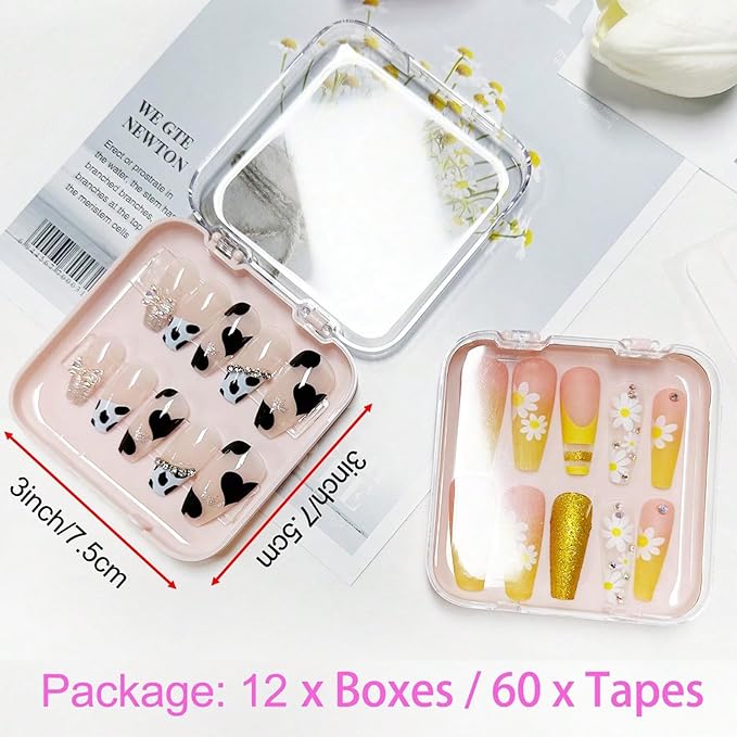 12pcs Press on Nail Storage Box with 60 Pcs Adhesive Tape Acrylic Nail Display Box Artificial False Nail Box Organizer Fake Nail Case Transparent Nail Packaging Boxes (12pcs Pink Nail Box)