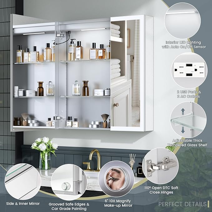 30x30 Inch Medicine Cabinet with Lights, AL Alloy Frame, Plug-in or Hardwired, Recessed or Wall Mount, Mirror Doors/3 Colors/Dimmable/Interior Sensor Light/Defog,2 Outlets & USBs,2 Shelves