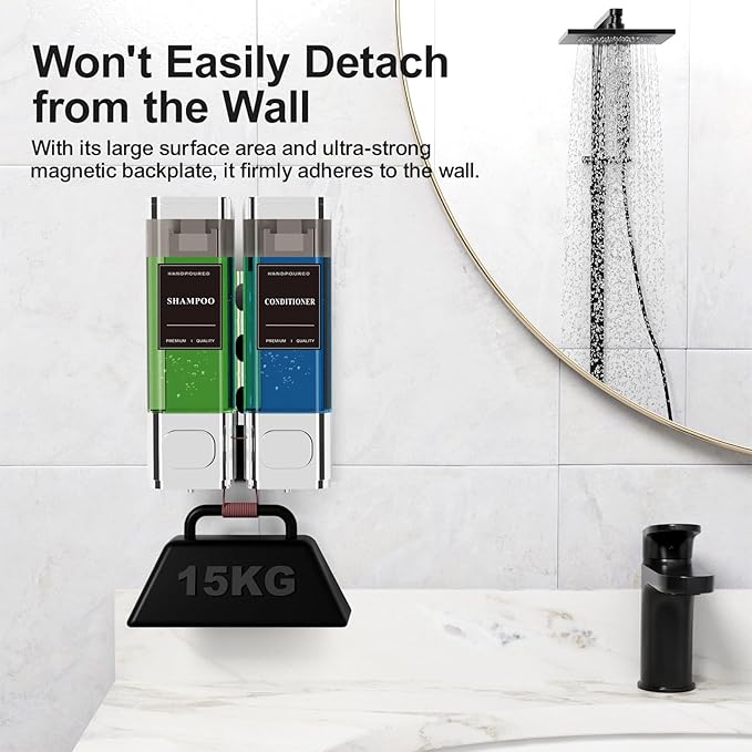 Shampoo and Conditioner Dispenser – Wall-Mounted Shower Soap Dispenser, No-Drill Installation, Lockable, 900 ml Capacity,for Bathroom & Hotel or Airbnb (Electroplated Silver, 2-Pack)