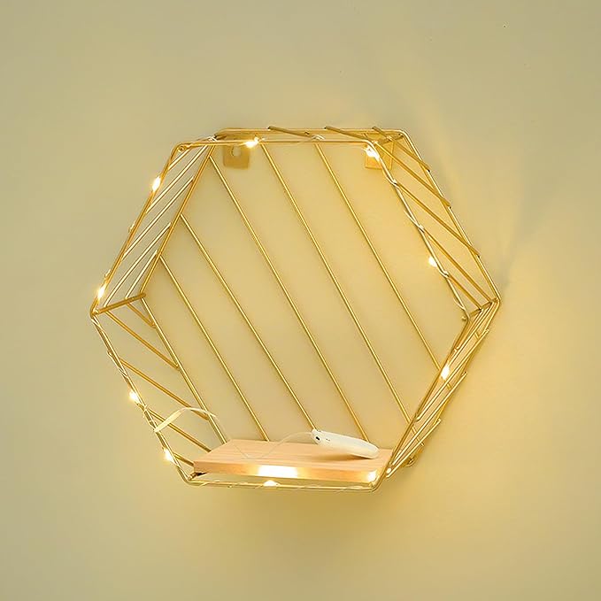 Luxshiny Wall Shelf with Hooks Gold Hexagonal Iron Rack Multi-Functional Decorative Storage Shelf for Bathroom Kitchen Living Room Wall Mounted Organizer