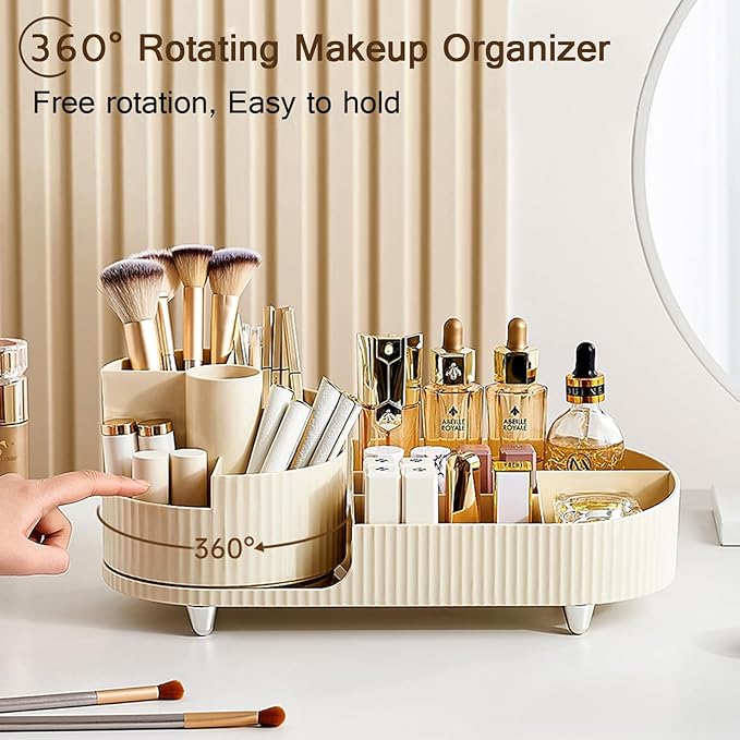 Makeup Organizer for Vanity, Rotating Organizer, Desk Cosmetics Organizers Storage Skincare, Nail Polish, Lipsticks, Jewelry, Large Capacity Cosmetic Display Cases, Creamy White (HS001)