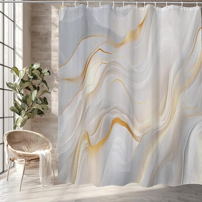 Marble Shower Curtain Abstract Elegant Golden White Wavy Textures,Luxury Soft Color Fabric Shower Curtains for Bathroom Decor 72x72 Inch