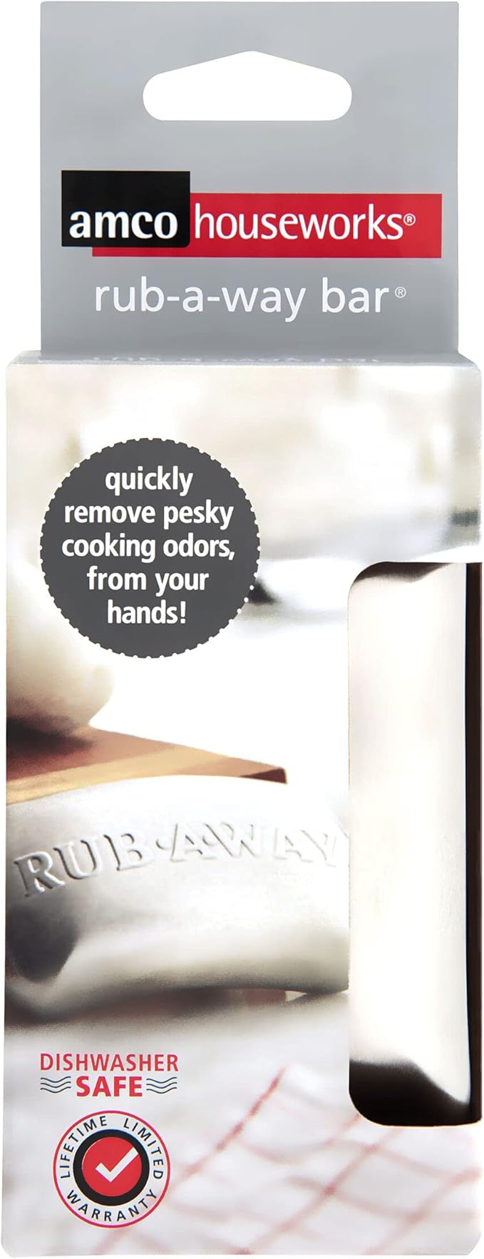 Amco Rub-a-Way Bar, Stainless Steel Odor Absorber (4" x 2.25") - Dishwasher Safe Kitchen & Outdoor Essential for Garlic, Onion, Fishing, Hiking Odors - Natural Odor Remover