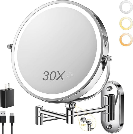 ZLOKLA 9" Wall Mounted Lighted Makeup Mirror,4000mAh Rechargeable Double Sided 1X/30X Magnifying Mirror with Light,Touch Dimmable,Extended Arm 360 Rotation Wall Mounted Makeup Mirror 3 Color Lights-C