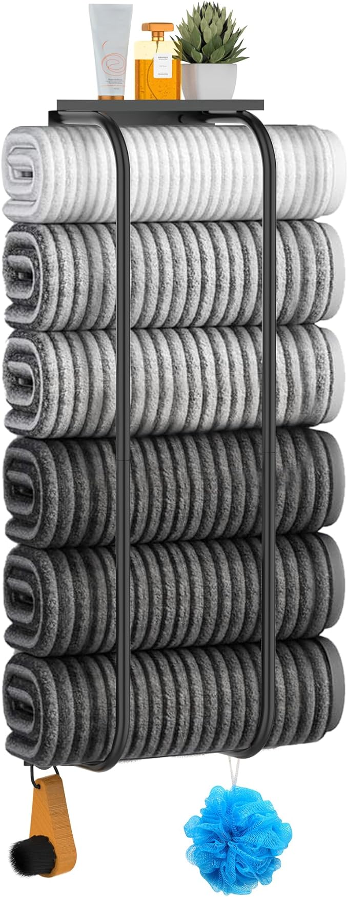 Towel Racks for Bathroom, Curved Bathroom Towel Storage Wall Mounted 30 inch with Shelf Can Holds 6 Large Towels, Wall Towel Rack for Rolled Towels, Black