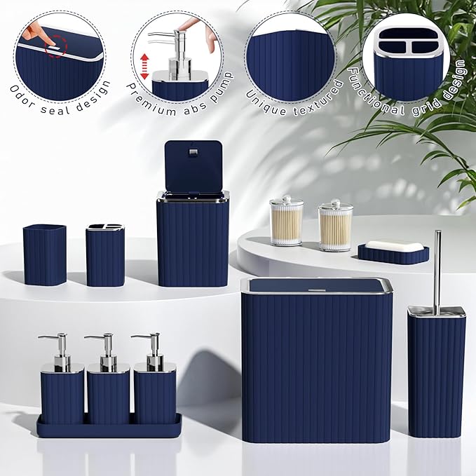Bathroom Accessory Set - Bathroom Set, 27PC Bathroom Accessories Set, Navy Blue Bathroom Sets with Shower Curtain and Rugs, Mini Trash Can, Toilet Brush, Trash Can & Soap Dispenser