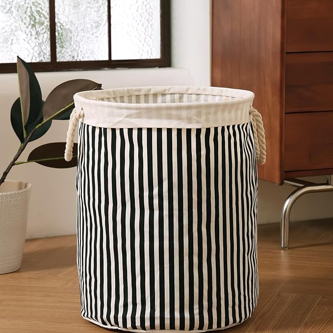 Large Storage Laundry Hamper Basket 62L with Handles for Dirty Clothes Toy Organizer Bins, Waterproof, Collapsible Laundry Hamper, Classic Stripes Pattern, Black Color, 1-Pack, Bathroom, Dorm