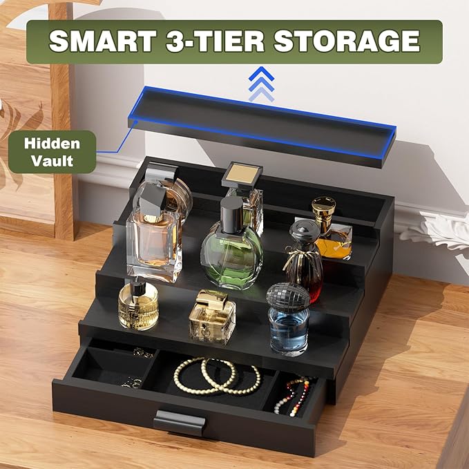 Perfume Cologne Organizer for Men: 4 Tier Wooden Perfumes Stand, Desktop Parfum Holder Wood Display Shelf with Cabinet, Bedroom Dresser Makeup Lotion Jewelry Storage Rack with Drawer