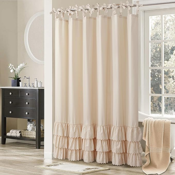 Adjustable Bow-Tie Top Beige Ruffle Shower Curtain for Girls Women, Delicate Fabric Shower Curtain with Handcrafted Ruffles and Small Holes, Waterproof Ruched Farmhouse Bathroom Curtain, 72"W x 72"H