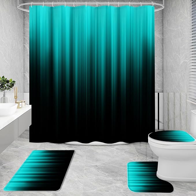 Litabel 4 Pcs Teal and Black Gradient Shower Curtain Set with Rugs and Toilet Lid Cover, Modern Simple Waterproof Fabric Bathroom Set, Ombre Stripe Gothic Abstract Bathroom Decor Set Accessories