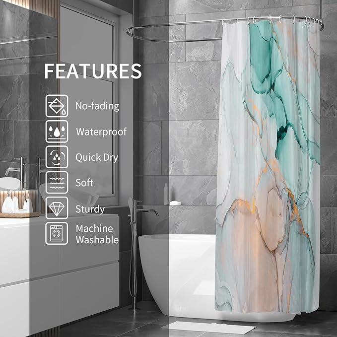 Gibelle Small Stall Shower Curtain 36 x 72, Narrow Half Abstract Grey Teal Marble Shower Curtain, Modern Ink Art Waterproof Fabric Shower Curtain Set with Hooks