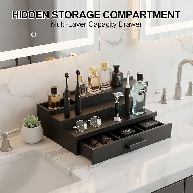 Cologne Organizer for Men,Wood Nightstand Organizer with Drawer and Hidden Compartments, Cologne Stand,Dresser Drawer Organizers,Organizador de Perfumes,Perfume Stand Organizer for Bedroom,Black