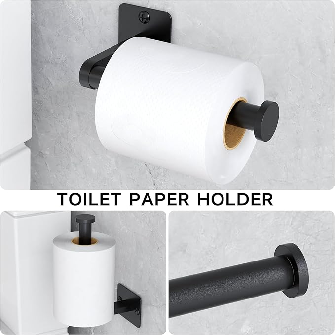 Matte Black Bathroom Accessories Set, 4 Pieces Bathroom Hardware Set, 16 inch Towel Bar, Towel Racks for Bathroom, Robe Towel Hooks, Toilet Paper Holder Wall Mounted