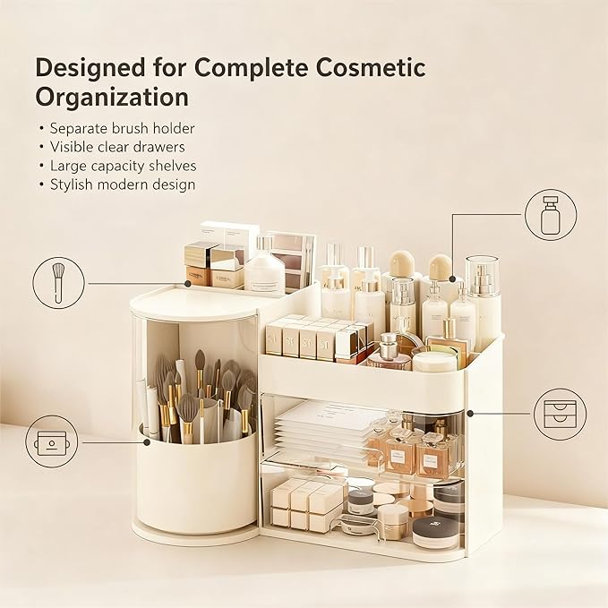 Makeup Organizer with Rotating ,Large Bathroom Countertop Cosmetic Organizer with Brushes Holder,Skincare Storage Organizer,Ideal makeup holder for Skincare,Lipstick and other items (cream white)