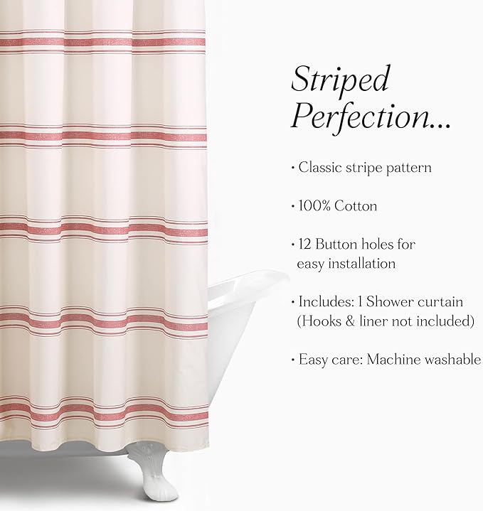 Lush Decor Farmhouse Stripe Cotton Shower Curtain, 72" W x 72" L, Red - Striped Bathroom Curtain - Fabric Shower Curtains - Farmhouse Bathroom Decor