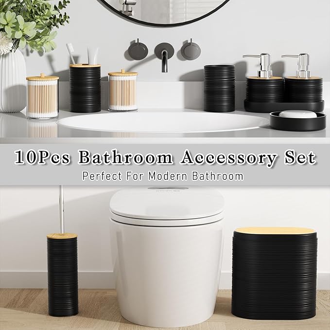 XLHOMO Black Bathroom Set - 10PC Bathroom Accessories Set, Luxury Bathroom Accessory Set with Trash Can,Toilet Brush & 2 PC Soap Dispensers for Apartment Decor and Housewarming