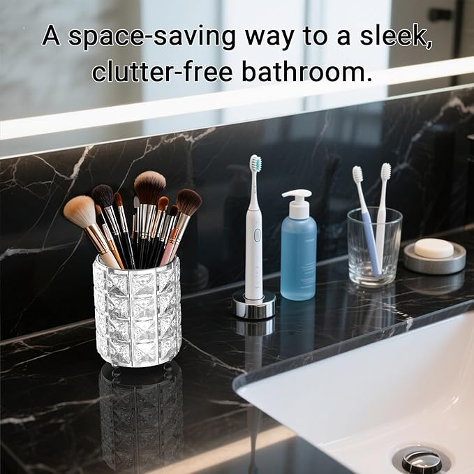 LUGUNU Makeup Brush Holder with Silver Crystal Bling ?€? Elegant Vanity Organizer for Brushes, Pens & Pencils, Ideal for Bathroom or Office Countertop(1Pack)