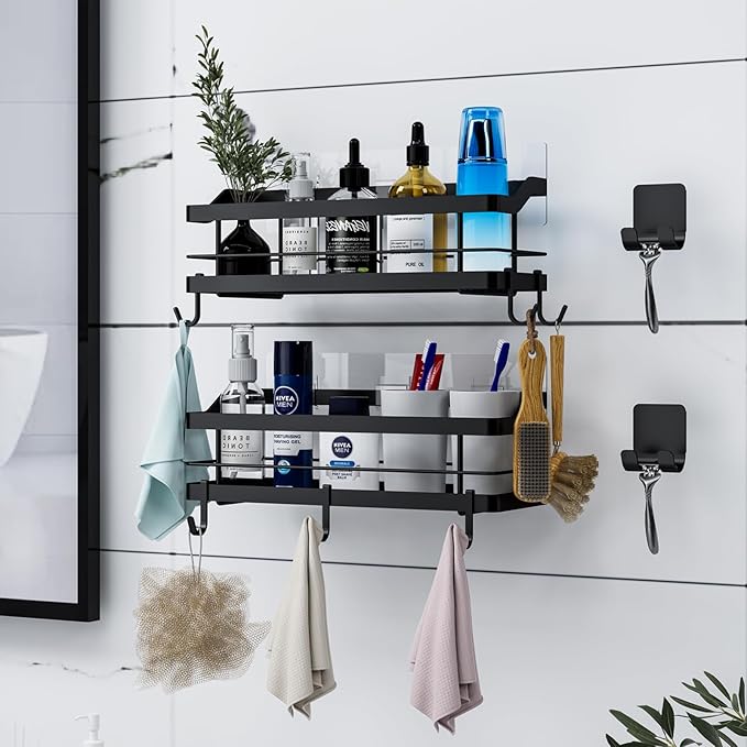 Carwiner Shower Caddy Bathroom Shelf 2-Pack, Basket with 8 Hooks for Hanging Shampoo Conditioner, Stainless Steel Rack Wall Mounted Storage Organizer for Kitchen, No Drilling