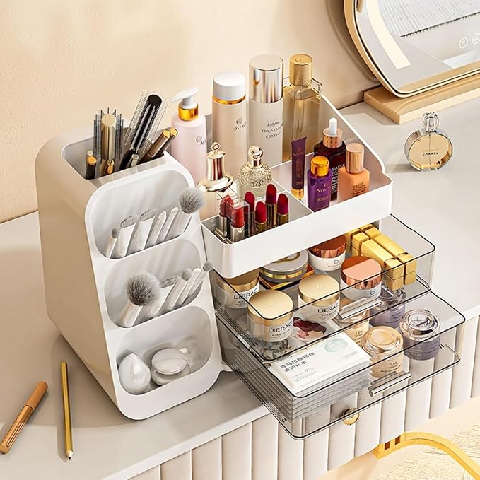 Makeup Organizer for Vanity, Large Capacity Cosmetic Display Case with Clear Acrylic Drawer, Countertop Beauty Storage Holder for Skincare, Brush Eyeshadow Lipstick Counter Desk, Crystal White