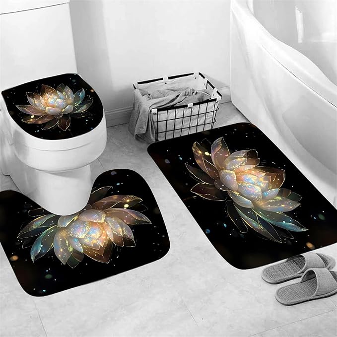 AZHM 4PCS Lotus Shower Curtain Set Black and Gold Flower Bathroom Decor Sets with Shower Curtain and Rugs and Accessories with 12 Hooks for Toilet