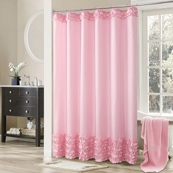 Ruffle Shower Curtain, Pink Girls Women Fabric Shower Curtain with Delicate Handcrafted Ruffles, Waterproof Ruched Farmhouse Decorative Bathroom Curtain, 72" W x 72" H