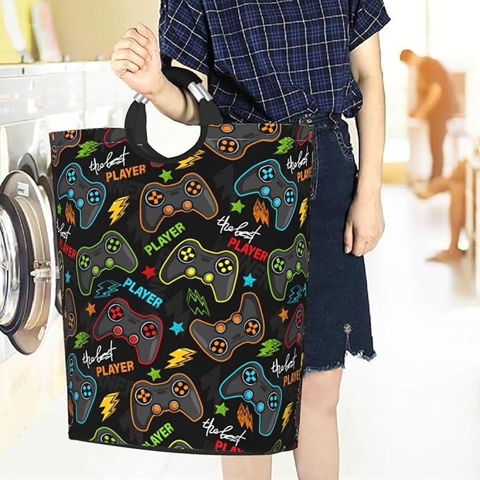 Video Game Gamer Gamepad Large Laundry Hamper Gaming Theme Storage Basket Toys Clothes Organizer Bin For Home Bathroom Bedroom Dorm Nursery, 60l