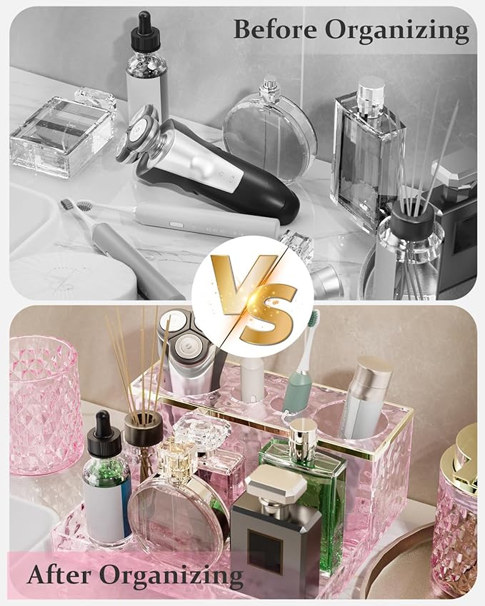 Glass Bathroom Accessories Set 5Pcs Crystal - Foaming Soap Dispenser, Soap Dish, Cup, Acrylic Toothbrush Holder with Tray Organizer, Qtip Jar, Bathroom Counter Set Sink Decor (Pink)