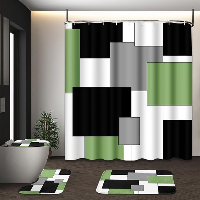Sage Green Geometric Shower Curtain Set with Toilet Lid Cover and Non-Slip Rugs for Bathroom, Black Grey White Checkered 4 Pcs Shower Curtain, Modern Abstract Bathroom Set with 12 Hooks