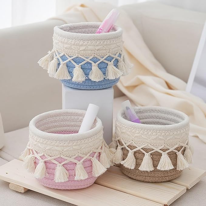 MSUIINT Macrame Makeup Brush Holder Organizer, Brushes Mini Storage Basket, Hand Woven Cotton Rope Basket, Boho Decor Baskets for Comb Cosmetics Pen Pencil Container (C)