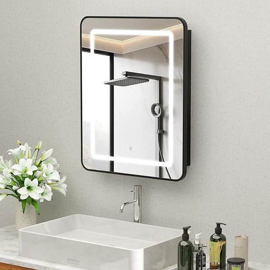 ROOMTEC Lighted Medicine Cabinet with Mirror 24"x30", Bathroom Mirror Cabinet with Lights and Storage, Single Doors Bathroom Wall Cabinet with LED Lights,Black
