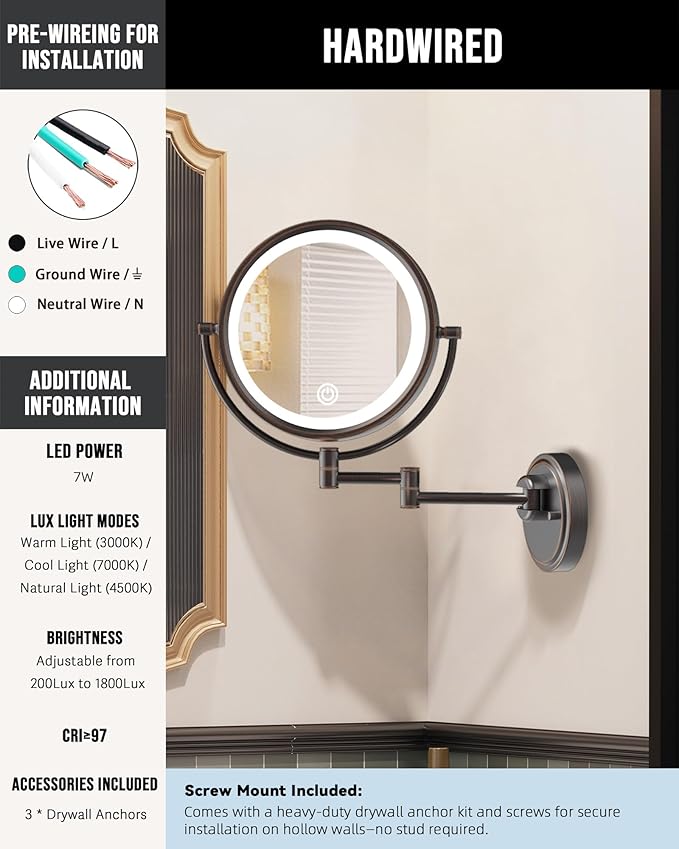 10" Brass Large Wall Mounted Makeup Mirror with Lights, 3 Color LED Touch Dimming Extended Arm, 1X/5X Double-Sided Magnifying Vanity Mirror for Bathroom, Hard Wired Oil Rubbed Bronze