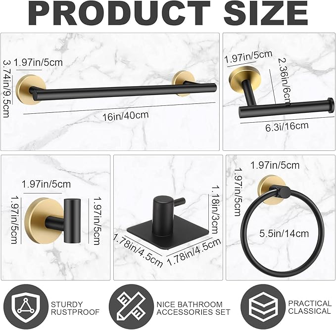 Blulu 28 Pcs Bathroom Hardware Set Stainless Steel Bathroom Accessories Set, Including 16'' Bath Towel Bar, Towel Rings, Robe Hooks, Toilet Paper Holders, Wall Mounted (Black Gold)