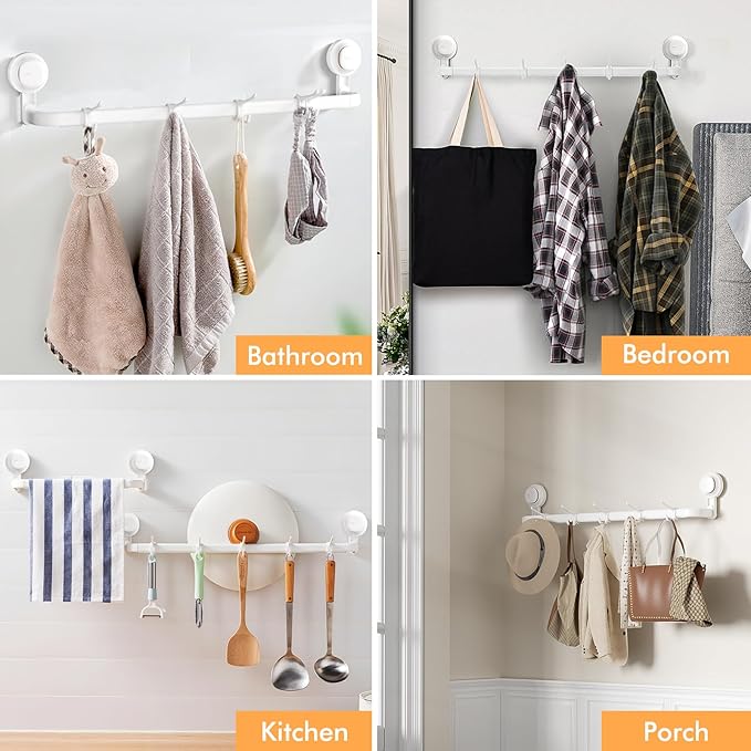 Avolare Suction Cup Towel Bar, Adjustable 24 Inches Adhesive Towel Holder for Bathroom, No Drill Wall Mounted Towel Rack with 5 Sliding Hooks, White Towel Shelf for Kitchen, Toilet, Shower, Door