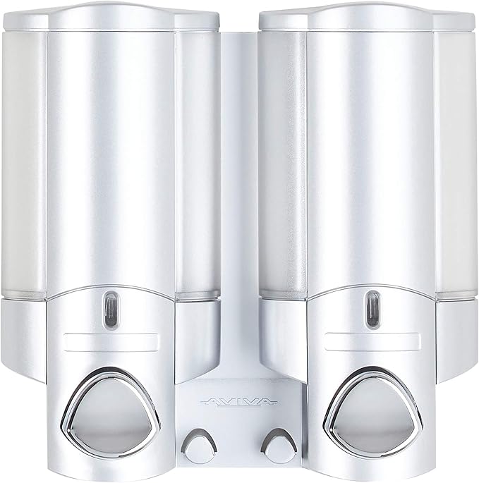 Better Living Aviva Shower Dispenser 2 Chamber, Wall Mount Shower Soap Dispenser for Bathroom Hotel Body Wash, Built-in Hooks, No Drill, Waterproof Shampoo Soap Dispenser, 2 x 11 oz, Satin Silver