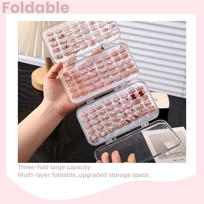 2 Pack Tri-Fold Press On Nail Organizer Case - 4-Page Portable Storage Box for Fake Nails, Clear PET Plastic Travel Holder (6×3.2×1.8 inch)