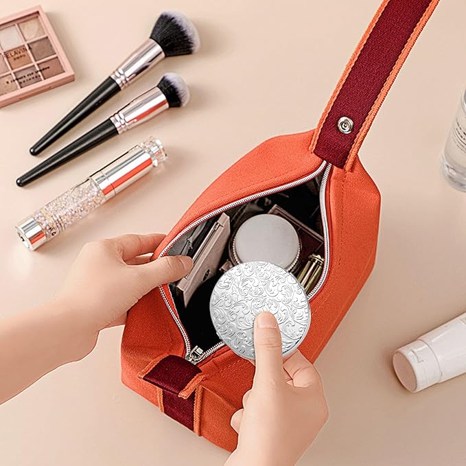 Oval Mini Portable Metal Folding Mirror, Beautiful and Elegant, Sturdy and Durable, 1X/2X Magnifier. (Oval Pattern Silver)