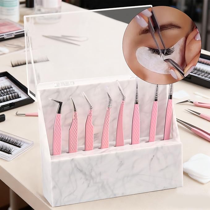 8 Holes Dust proof Tweezer Storage Rack,Acrylic Tweezer Display Stand Holder Eyelash Extension Supplies Lash Accessories Tools (Marble White)