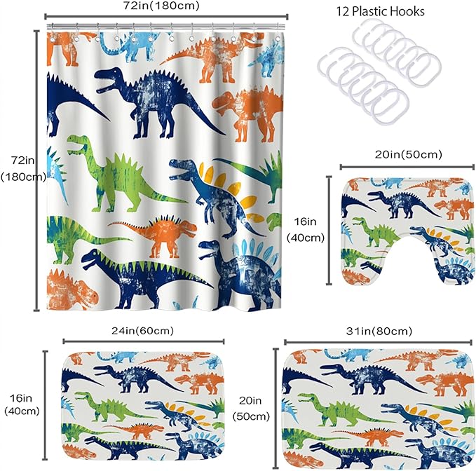 Colorful Cute Dinosaur Bathroom Sets with Cartoon Funny Kids Boys Shower Curtain and 20 x 31 Rugs Bathroom Accessories Sets Decor with Bath Rug, Bath Mat, U-Shaped Contour and Hooks 72 x 72 Inch